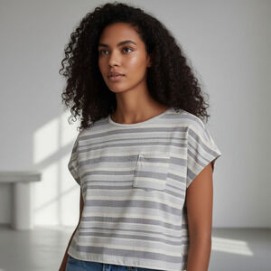 Linen Lux Australia Cotton Linen Gray Stripes Short Sleeve Top XS Lagenlook